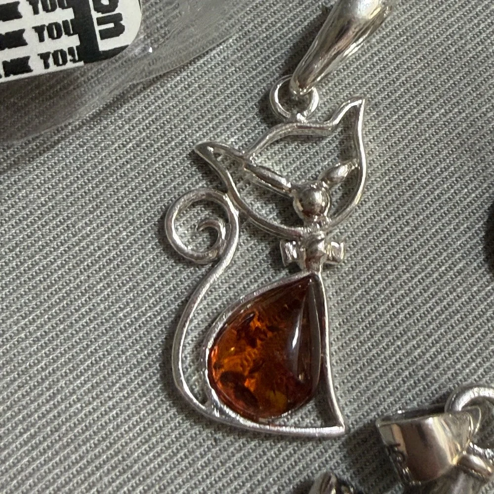 Elegant sterling Silver authentic genuine Amber Cat Pendant with Amber Accent